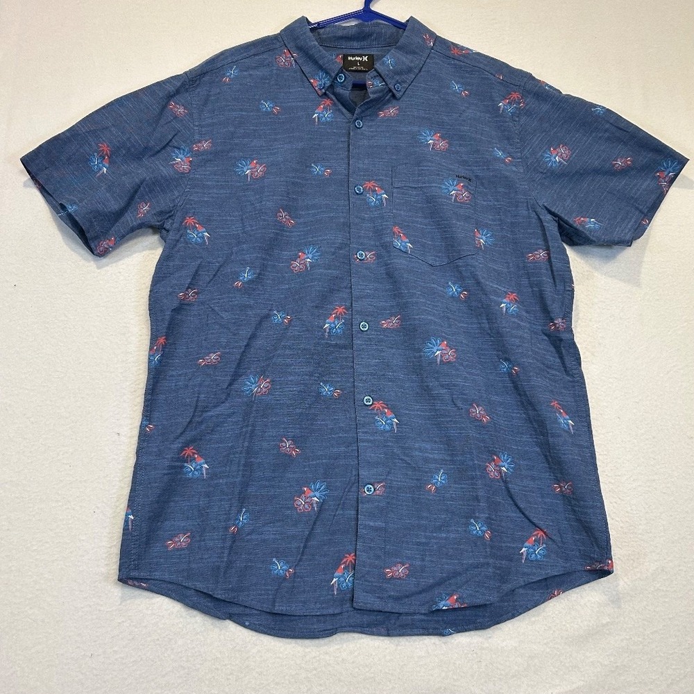 Hurley Mens Blue Chambray Tropical Parrot Palm Print Button Up Shirt Large